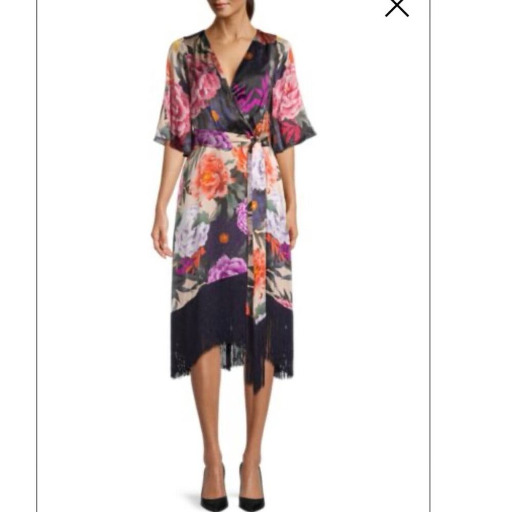 Kobi Halperin Wrap Dress XL Floral Silk-Blend Faux Kimono NWT Asian Fringe Boho - Picture 2 of 16